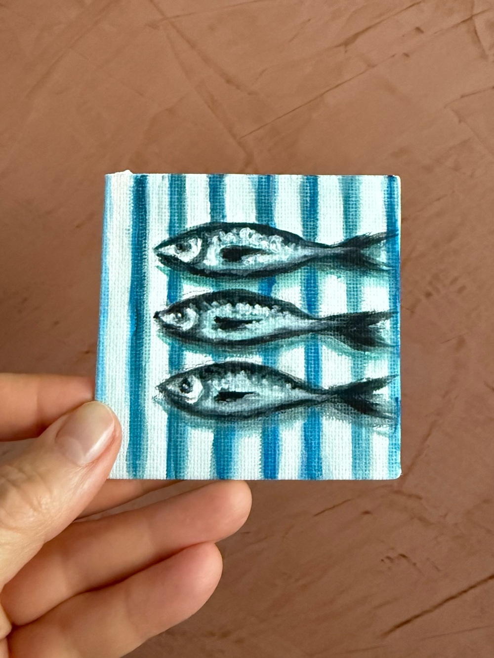 Hand-Painted Blue Striped Fish Mini Canvas Art - fridge magnet 3"x3"